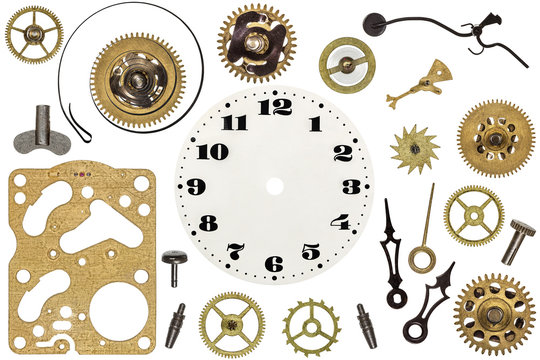 Spare parts for clock. Metal gears, cogwheels, clock face and ot