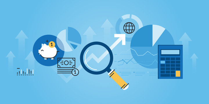 Flat line design website banner of financial analysis, planning and strategy, financial report, financial market research. Modern vector illustration for web design, marketing and print material.