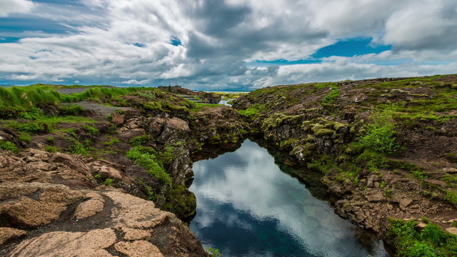 4K TimeLapse. Plate tectonic rifting filled with clear water. Thingvellir National Park, Iceland. 15 June 2015