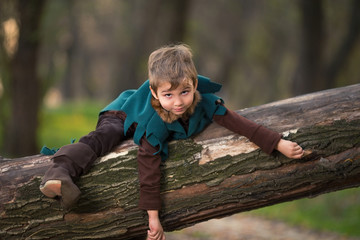 Cute little boy is playing nature. He is dressed up as a knight and he is lying down on a tree branch