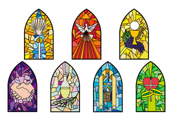 Symboles des sept sacrements de l& 39 Église catholique sur les vitraux des églises