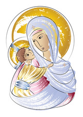Blessed Virgin Mary Madonna with child icon abstract color drawing