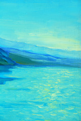 sea, morning, mountains, painting, illustration, impressionism,