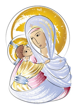 Blessed Virgin Mary Madonna With Child Icon Abstract Color Drawing