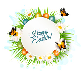 Easter banner with easter eggs and daisies. Vector.
