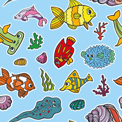 Cartoon Funny Fish, Sea Life seamless pattern.Doodle set