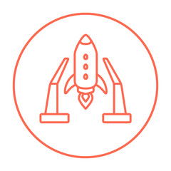 Space shuttle on take-off area line icon.