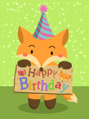 A cute red fox cartoon with party hat holding birthday greeting board in green background.