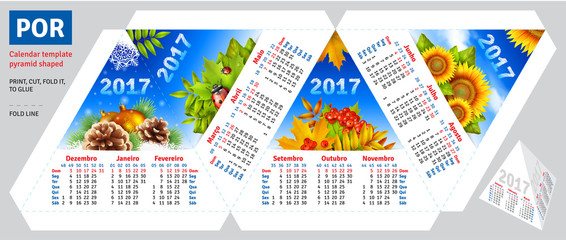 Template portuguese (brazilian) calendar 2017 by seasons pyramid shaped, vector background