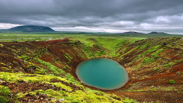 4K TimeLapse. Kerid volcanic crater (Keri&eth;) - a crater of an extinct volcano, whose last eruption occurred more than 6,000 years ago. Iceland, 15 June 2015