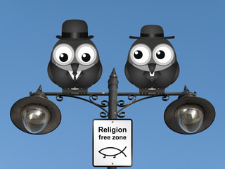 Comical religion free zone sign with bird vicar 