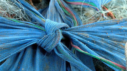 mess of nylon fishing line, close-up of tangled fishing nets