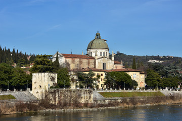 Fototapeta na wymiar St Giorgio in Braida dome seen from Adige River, designed by renaissance architect Sanmicheli in the 16th century.