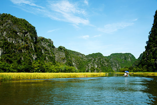 Yen stream on the way to Huong pagoda in autumn, Hanoi, Vietnam. Vietnam landscapes.