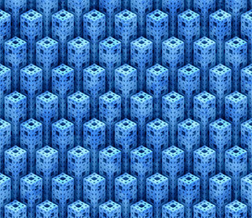 detailed 3d cube objects arranged to blue seamless abstract pattern with grunge