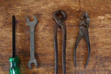 Old tools on a wooden table
