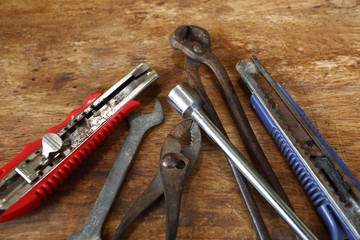 Old tools on a wooden table