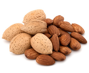 Almond nut in shell and shelled isolated on white background clo