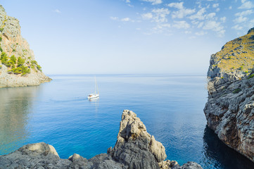 Beautiful bay beach turquoise sea mountains, Cala Sa Calobra. Majorca. Balearic Islands. Spain