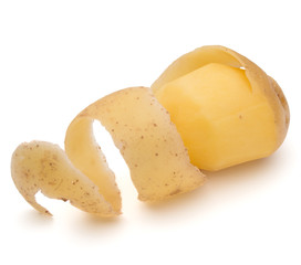peeled potato tuber with peel spiral isolated on white backgroun