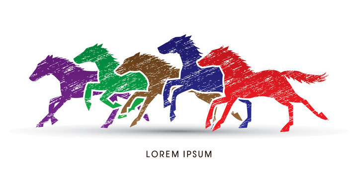 5 horses running, designed using colorful grunge brush graphic vector.
