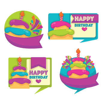 vector emblems and stickers with image of birthday cakes, candle
