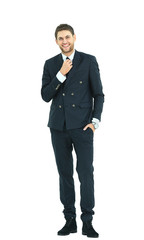 Full body portrait of young happy smiling cheerful business man