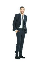 Full body portrait of young happy smiling cheerful business man