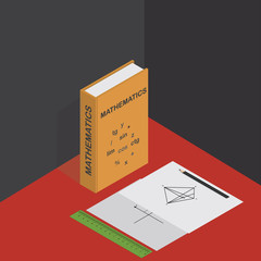 Vector isometric illustration with math graphs, ruler, pencil and textbook on mathematics.