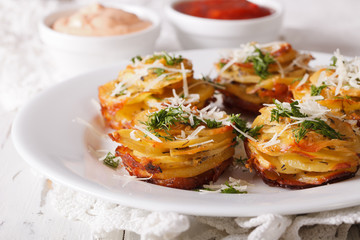 Baked sliced potatoes with Parmesan close-up on a plate. horizontal
