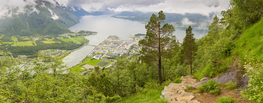 Panoramic view on Andalsnes City, Mountain Landscape and Fjord