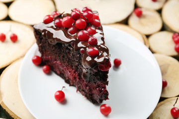 Piece of chocolate cake with cranberries on wooden background, closeup