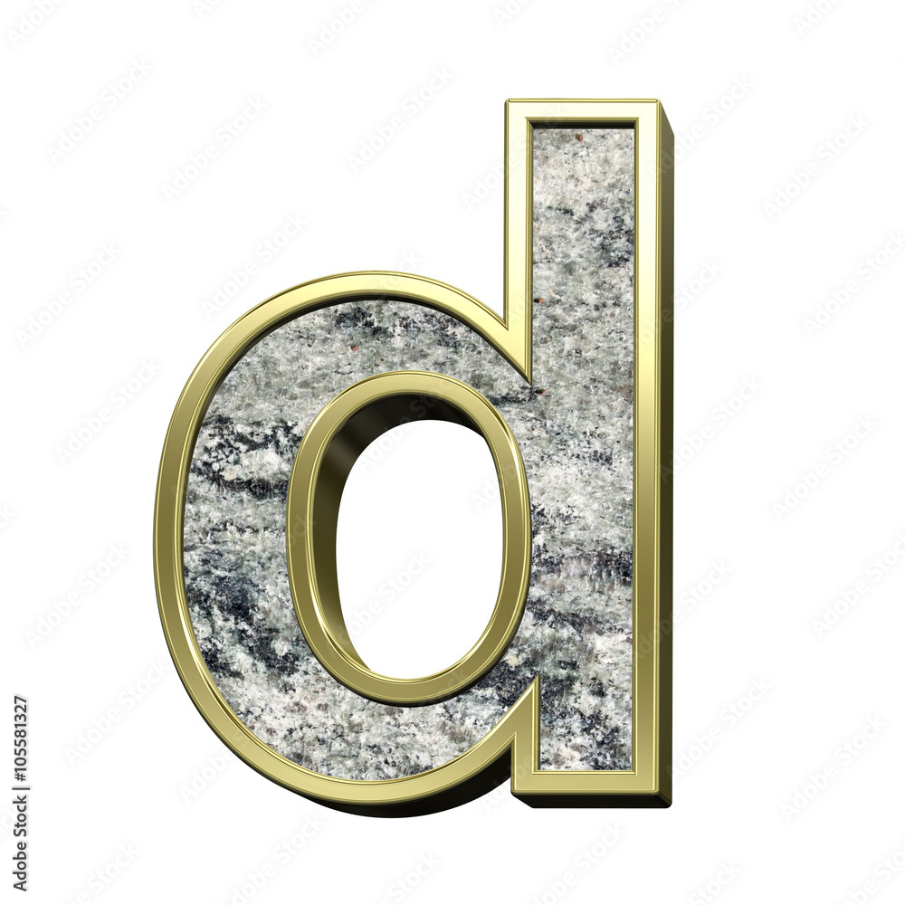 Fototapete One lower case letter from granite with gold frame alphabet set isolated over white. Computer generated 3D photo rendering.