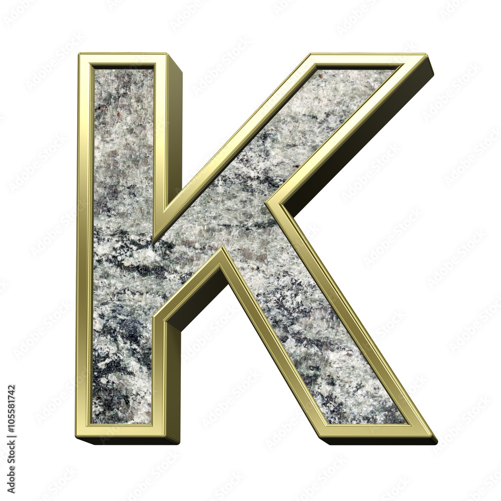 Fototapete One letter from granite with gold frame alphabet set isolated over white. Computer generated 3D photo rendering.