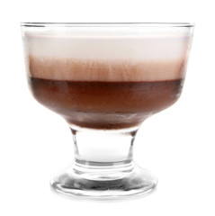 Delicious vanilla-chocolate mousse isolated on white, close up