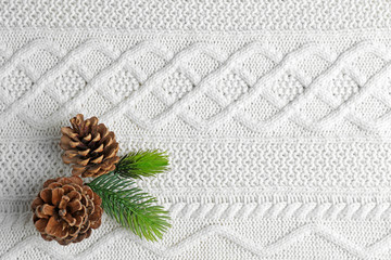 Fototapeta na wymiar Beautiful simple winter background with pine cones on knitted texture