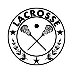 Sign lacrosse in a circle with a star and laurel branches. Vecto - 105582537