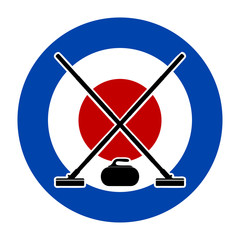 Brooms and stone for curling on Curling House. Vector illustrati - obrazy, fototapety, plakaty