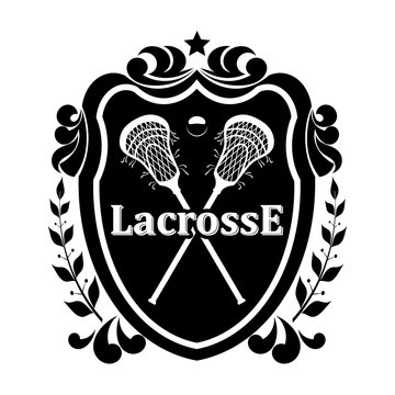 Lacrosse Sticks on a black shield with olive branches and the st