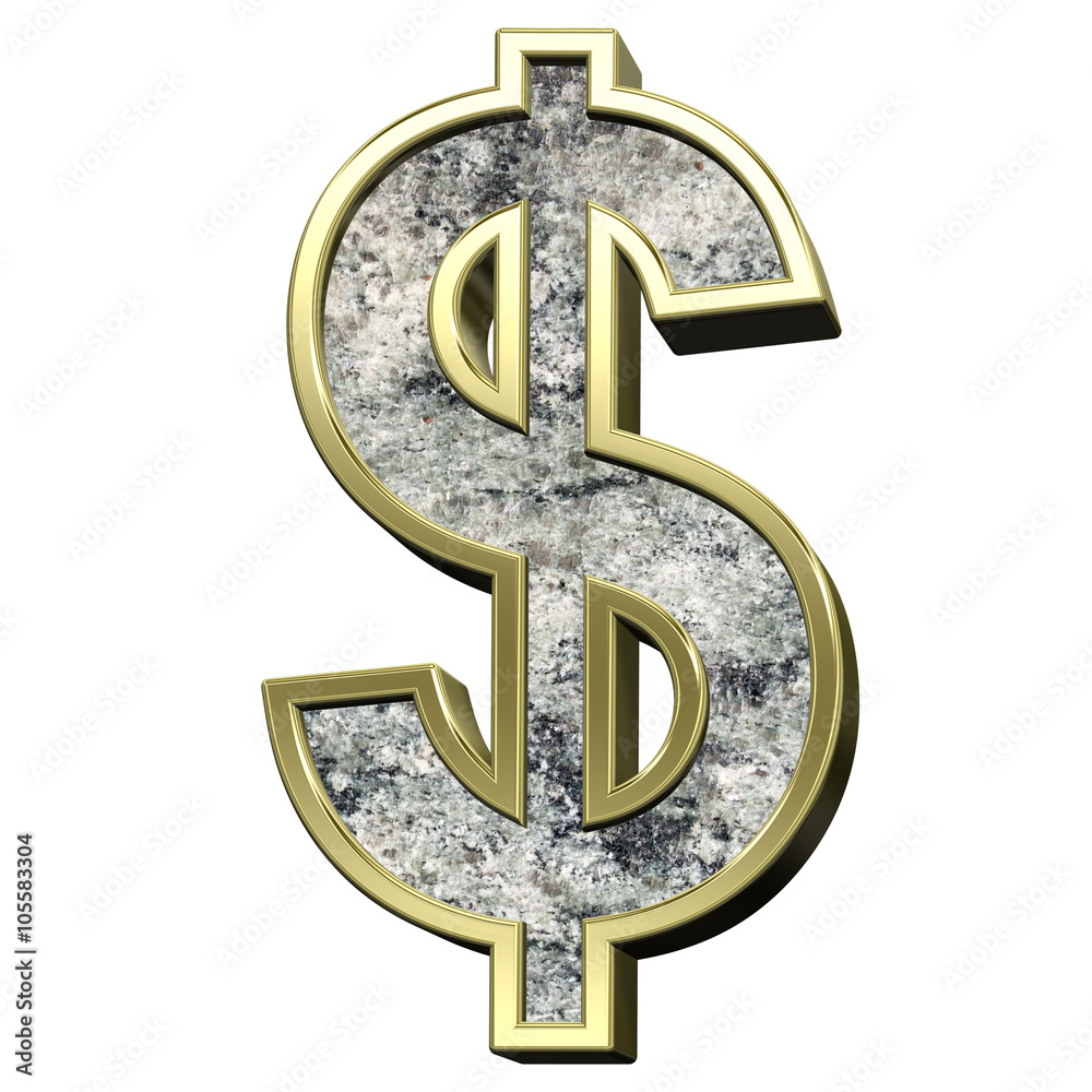 Fototapete dollar sign from granite with gold frame alphabet set isolated over white. computer generated 3d pho