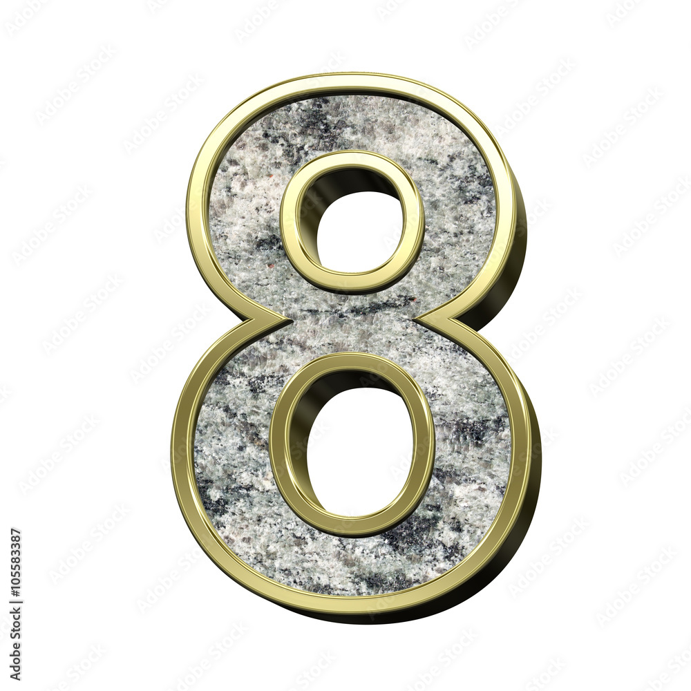 Fototapete Number from granite with gold frame alphabet set isolated over white. Computer generated 3D photo rendering.