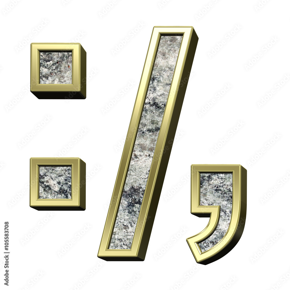 Fototapete colon, semicolon, period, comma from granite with gold frame alphabet set isolated over white. compu