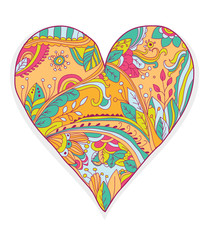 background, colorful heart pattern with floral ornament drawn by hand on a white background