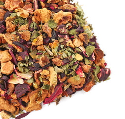 Mix of dry tea, fruits and flower petals, isolated on white
