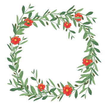 Watercolor olive wreath with red flower.