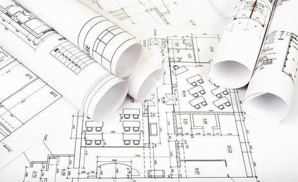 Architecture plan and rolls of blueprints