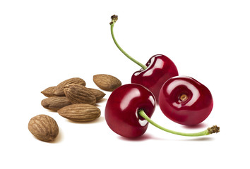 Cherry berry almond nut group together isolated on white backgro