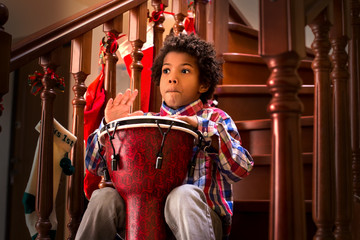 Young drum player is scared.