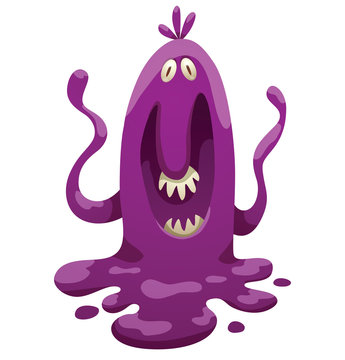 Vector cartoon image of funny liquid purple monster with two eyes and a mouth with teeth, with two arms, flowed on a white background. Halloween. Vector illustration.