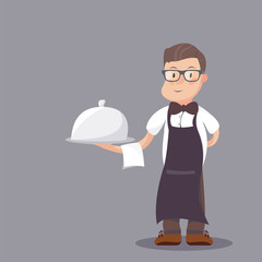 Waiter serving a meal under a silver cloche illustration. Classy waiter in a bow-tie serving a dish in a silver platter with lid. Flat style illustration.
